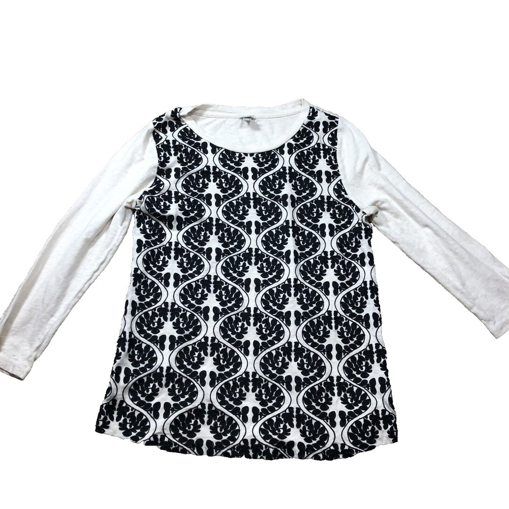 j. crew t shirt women S black white geometric long sleeve round neck